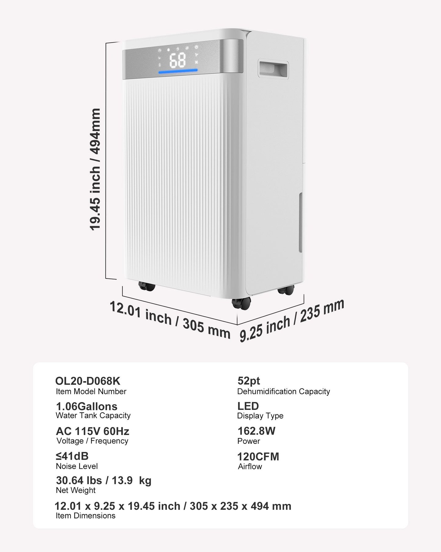 OzonAir Pro 52 Pt Dehumidifier Technical Specifications, Model OL20-D068K, Dimensions 12.01x9.25x19.45 inches