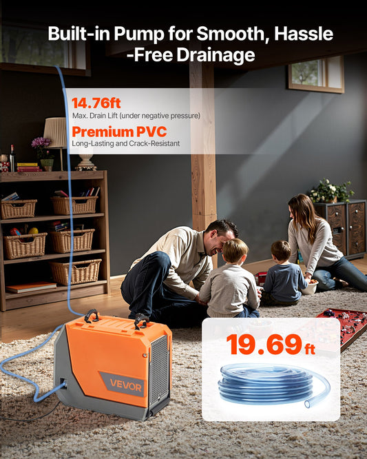 Built-in condensate pump with 19.69 ft drain hose included for hands-free continuous drainage