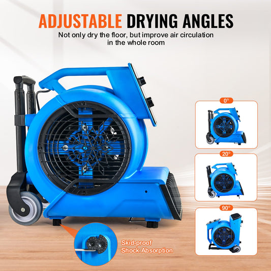 Heavy duty air mover with 3 adjustable blowing positions 0 20 90 degrees for professional drying