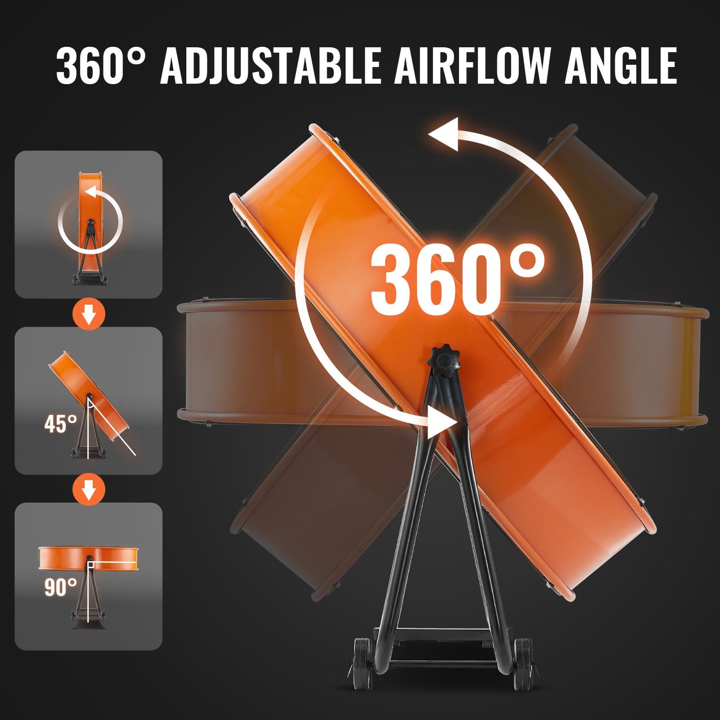24-inch professional drum fan with 360-degree adjustable tilting head for precision ventilation