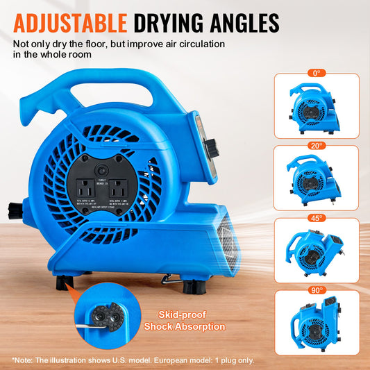High-velocity floor blower showing 30, 60, and 90-degree adjustable angles for targeted air flow.