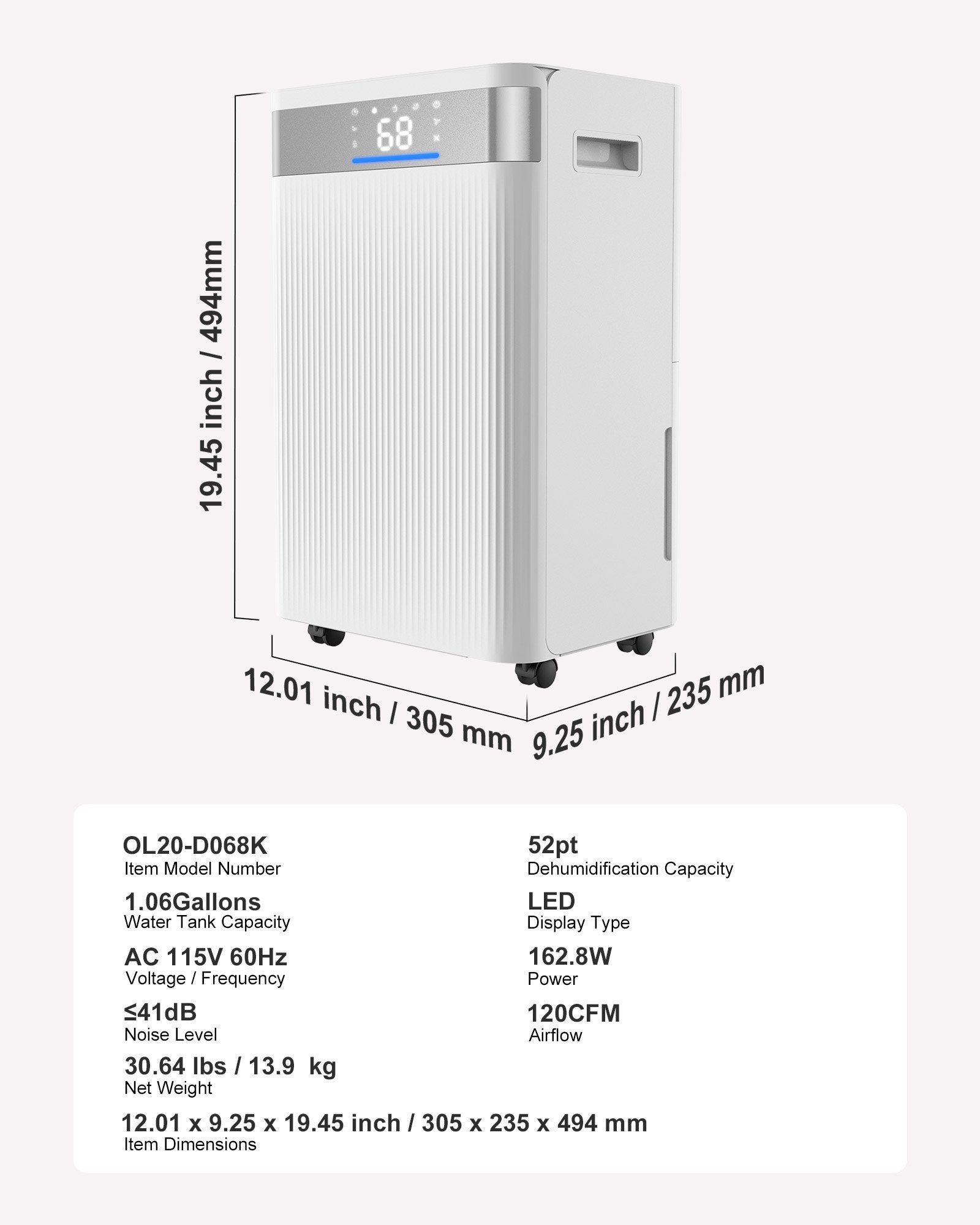 OzonAir Pro 52 Pt Dehumidifier Technical Specifications, Model OL20-D068K, Dimensions 12.01x9.25x19.45 inches