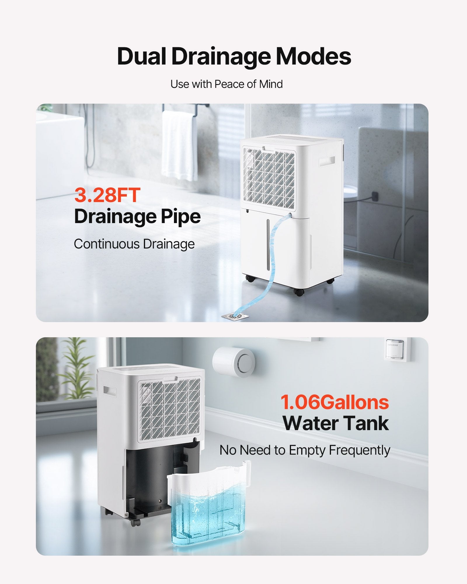  Dual Drainage Dehumidifier, 1.06 Gallon Tank and 3.28FT Continuous Drainage Pipe Included
