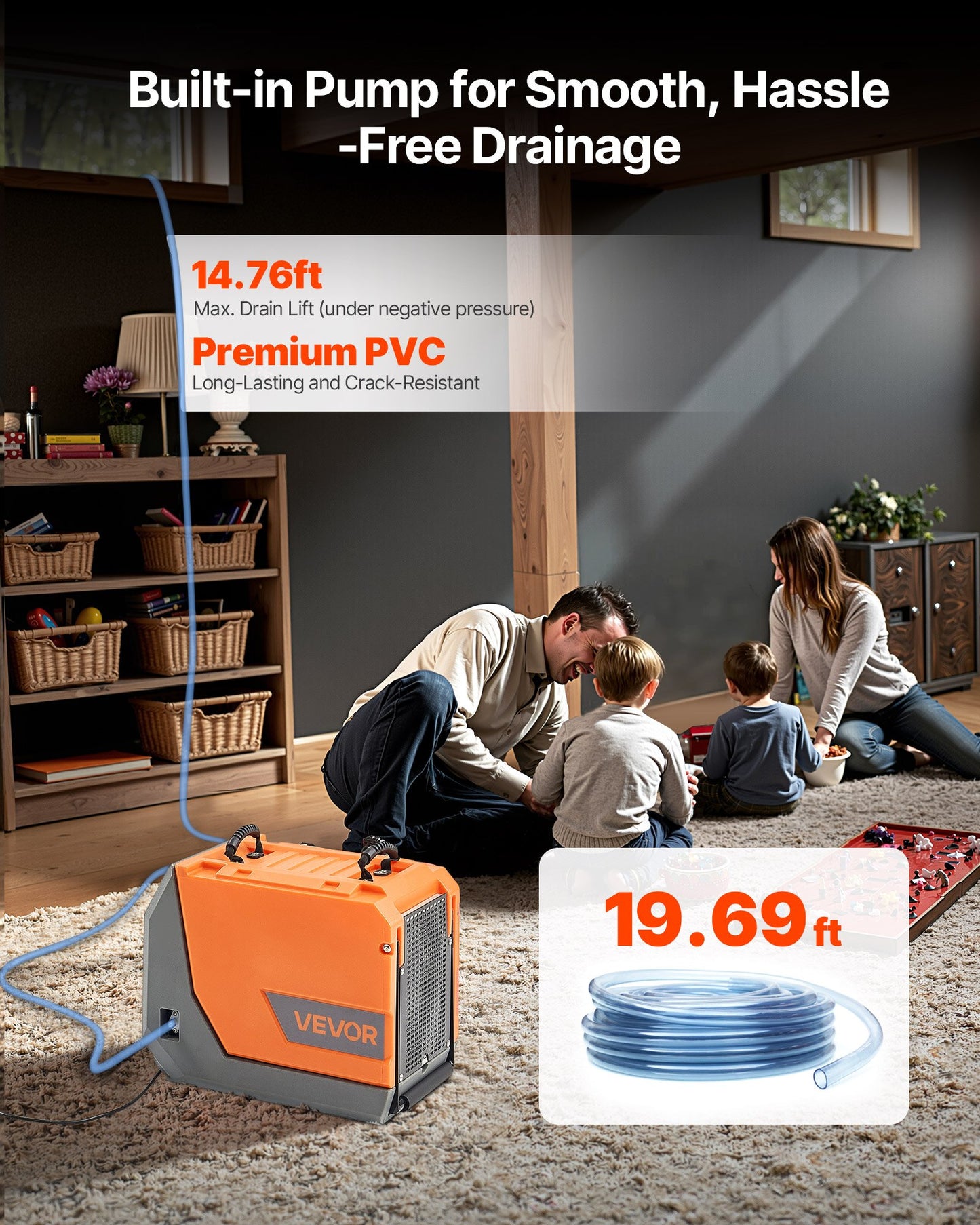 Built-in condensate pump with 19.69 ft drain hose included for hands-free continuous drainage