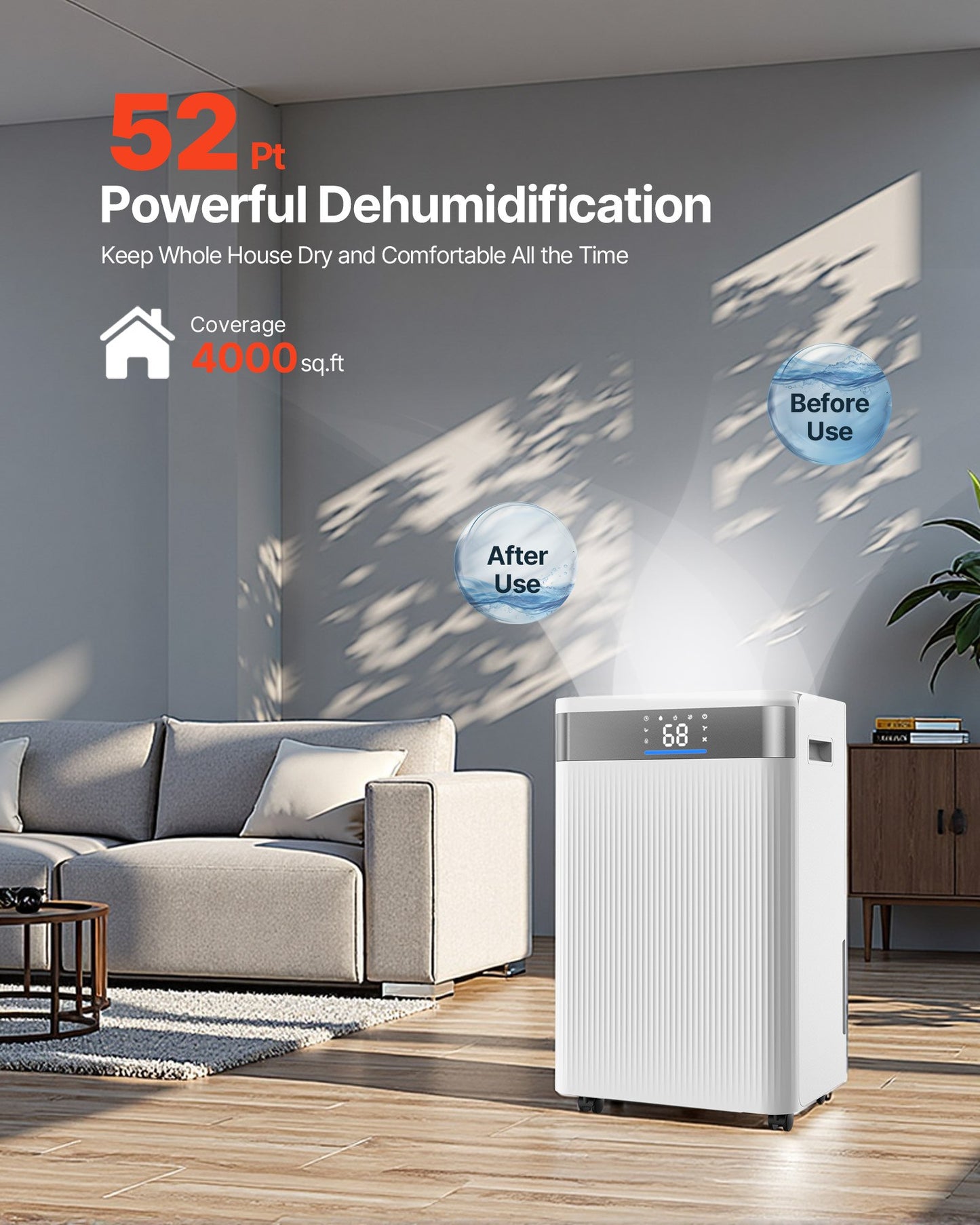 Whisper-Quiet Operation 52 Pint Dehumidifier, Low Noise under 41dB for Bedrooms
