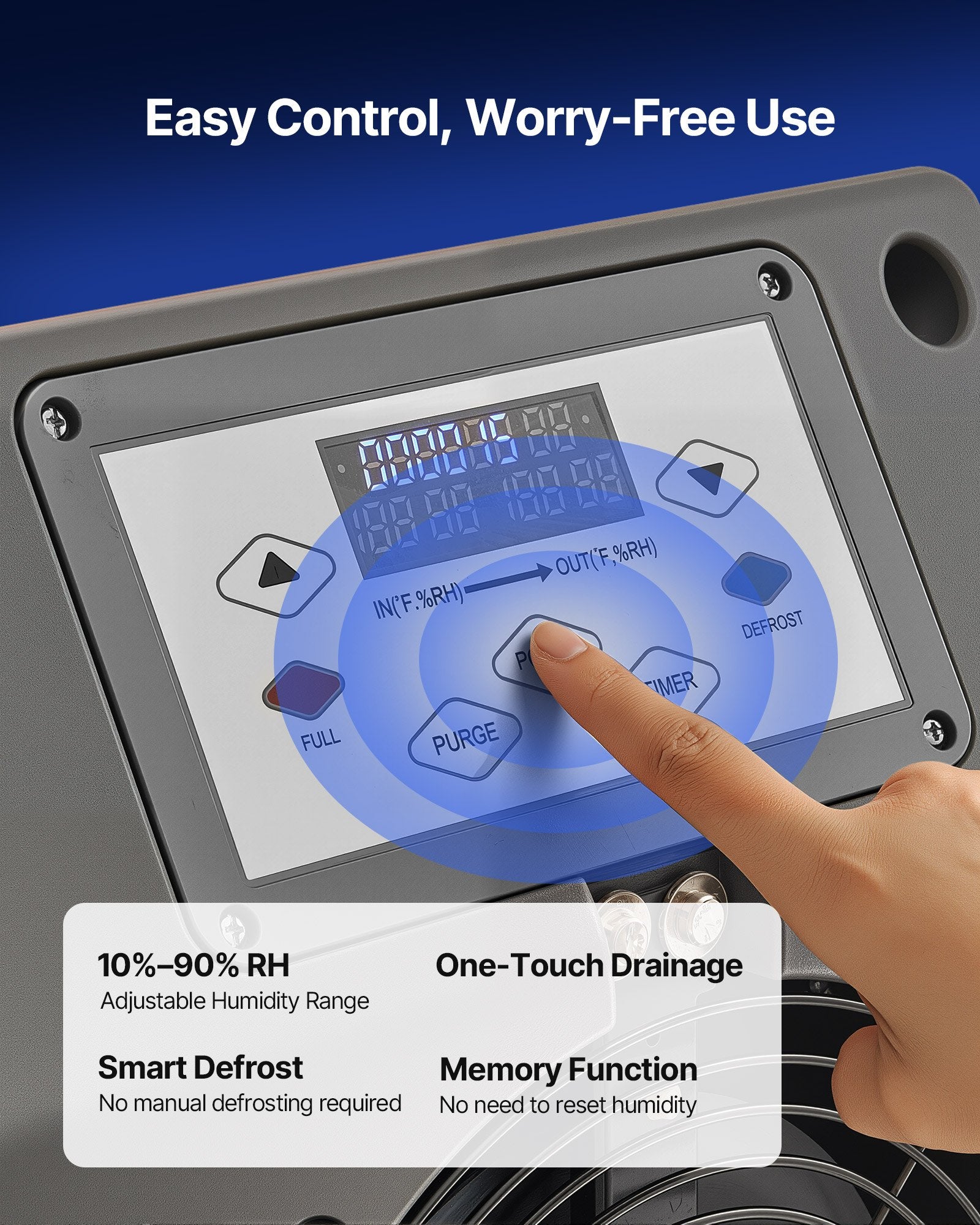 Digital LED control panel for easy humidity settings and operating mode selection