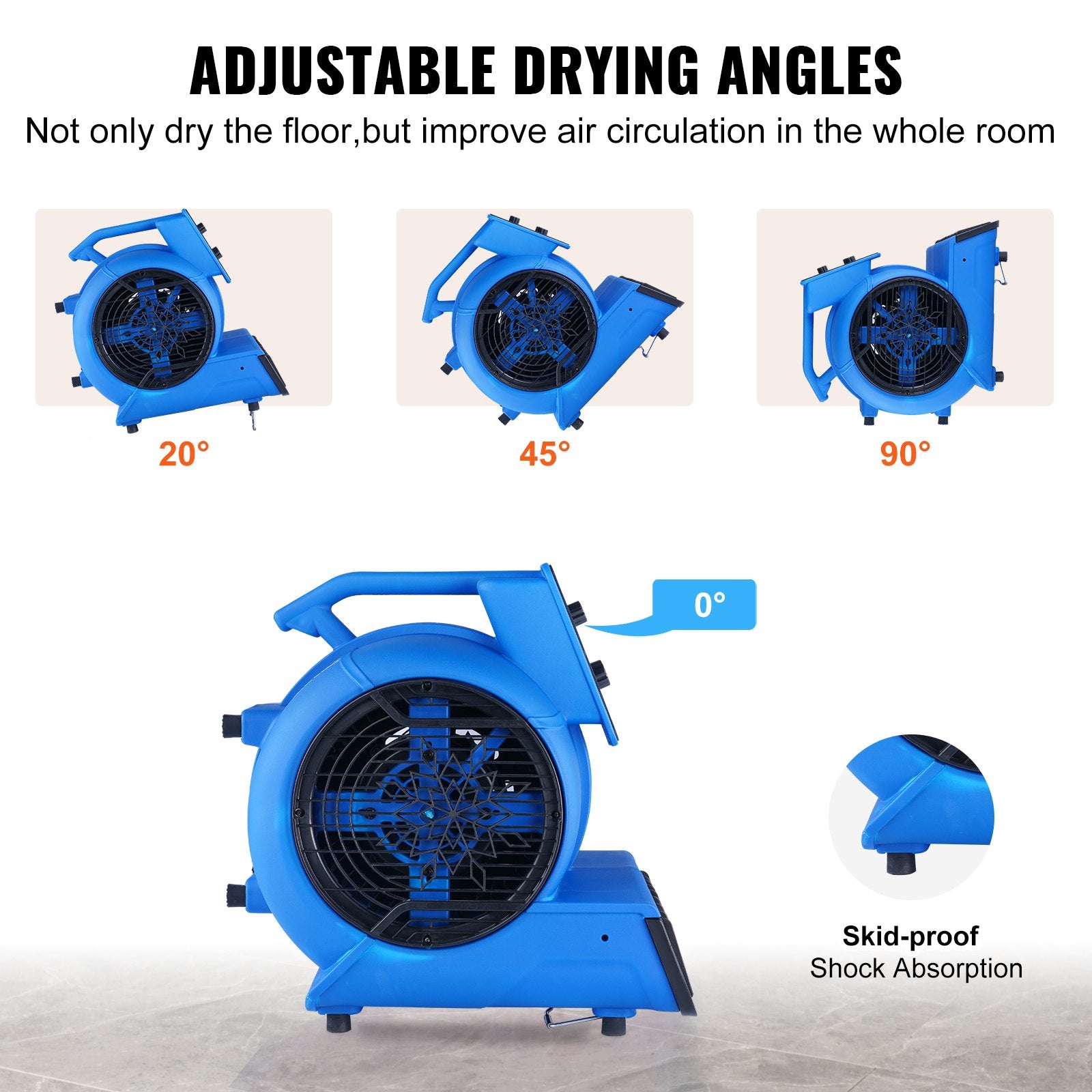 Professional air mover with 4 adjustable blowing positions 0 20 45 90 degrees for floor and ceiling drying