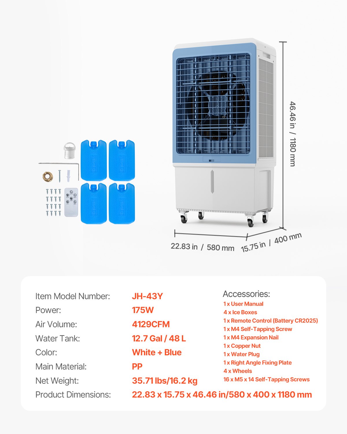 OzonAir Pro 4129 | 46" Tower Evaporative Cooler with 12.7 Gal Tank & Remote | 46" - Professional Detail 5