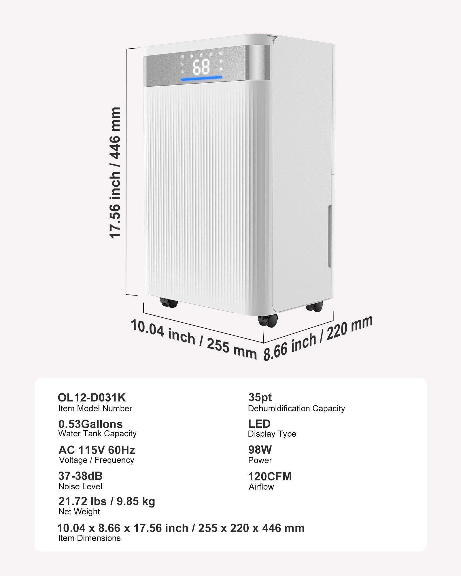  OzonAir Pro 35 Pt Dehumidifier Technical Specifications, Model OL12-D031K, 0.53 Gallon Tank,

