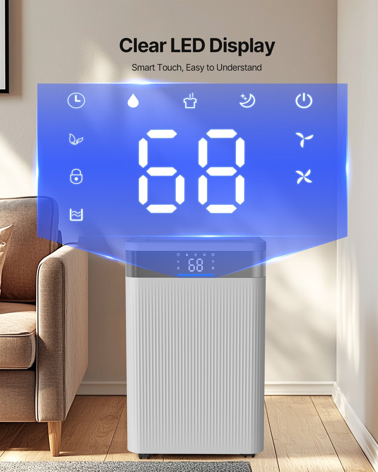 Clear LED Smart Touch Display for OzonAir Pro Dehumidifier with Real-Time Humidity Monitoring