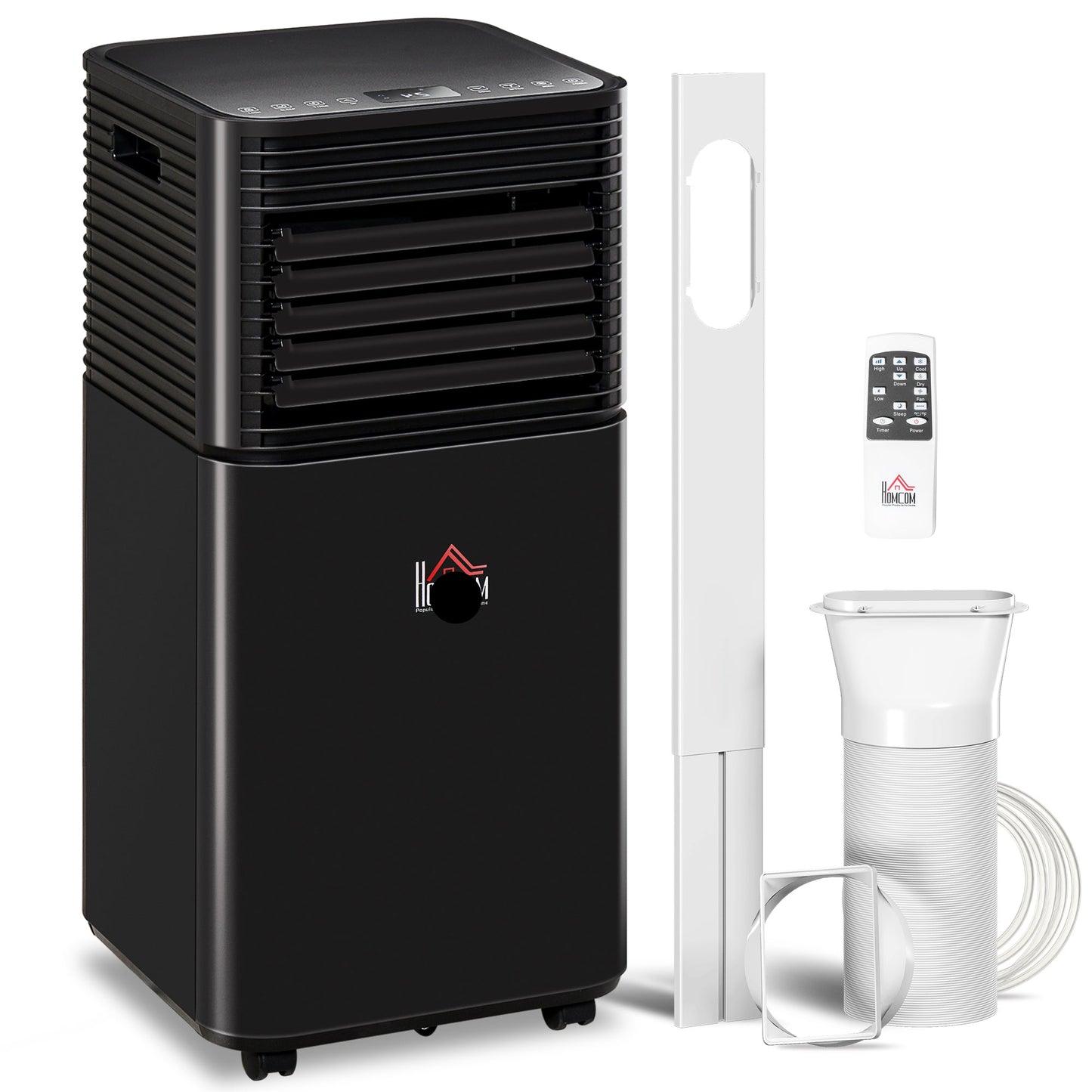 Portable air conditioner 10000 BTU black with all accessories on white background – Ozon Air Pro