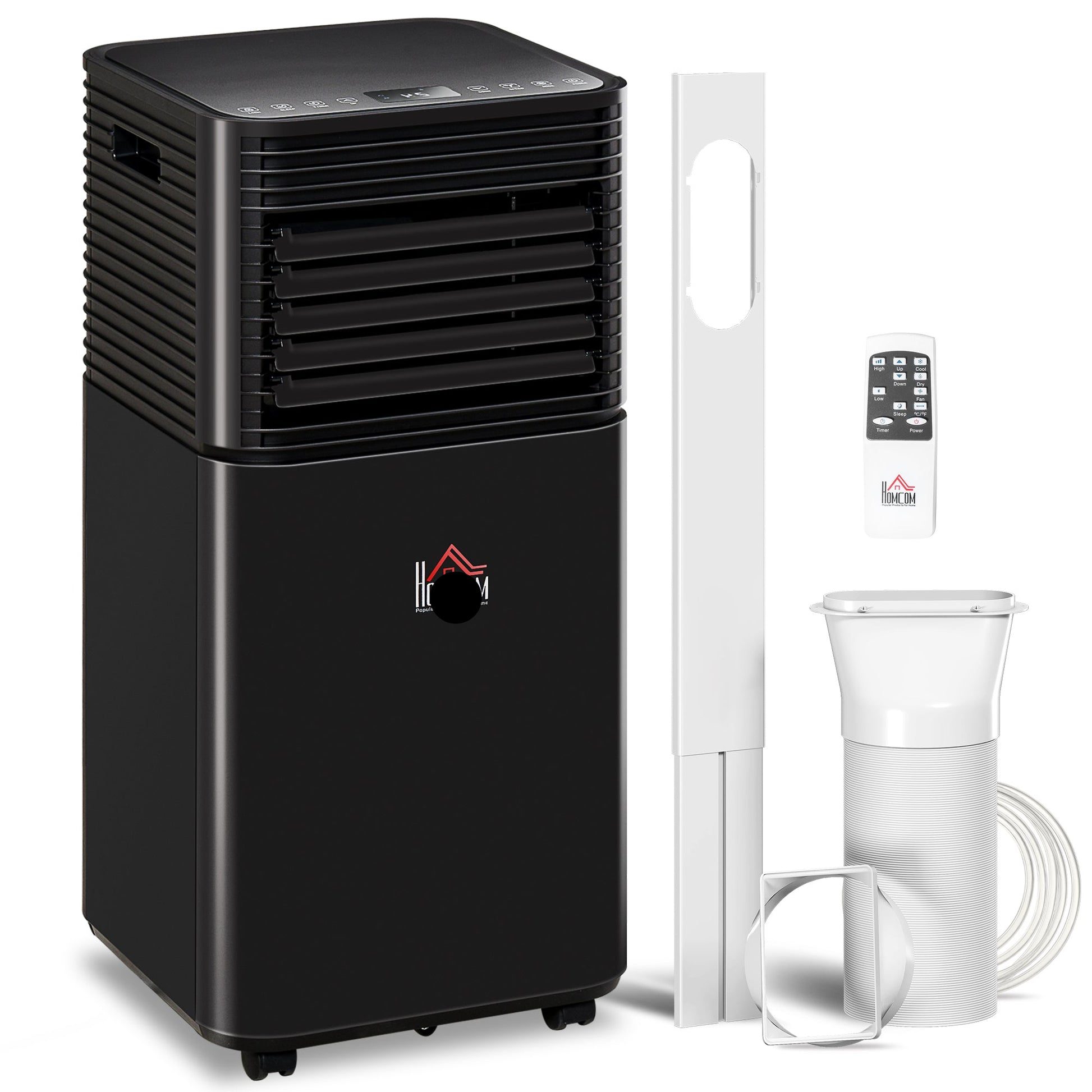 Portable air conditioner 10000 BTU black with all accessories on white background – Ozon Air Pro