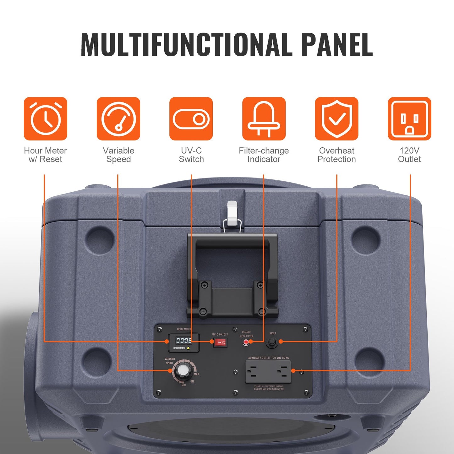 Adjustable variable speed control and hour meter on the Ozon Air Pro Scrubber 800
