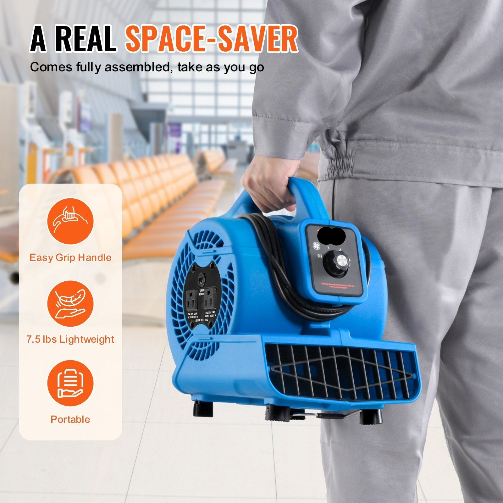 Ergonomic and lightweight utility fan designed for water damage restoration and construction site cooling