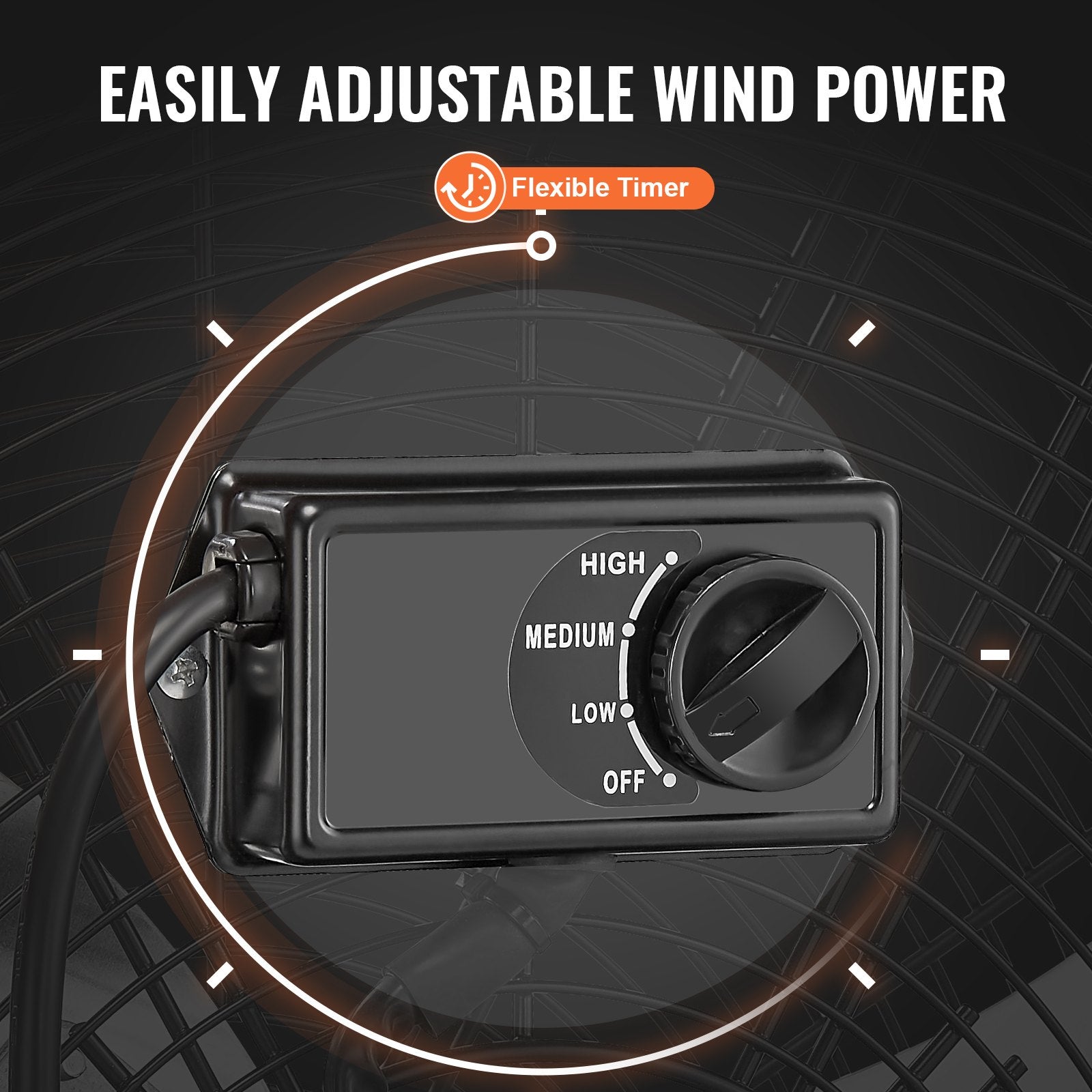 Rear-mounted 3-speed control knob on OzonAir Pro 30-inch industrial fan for adjustable ventilation