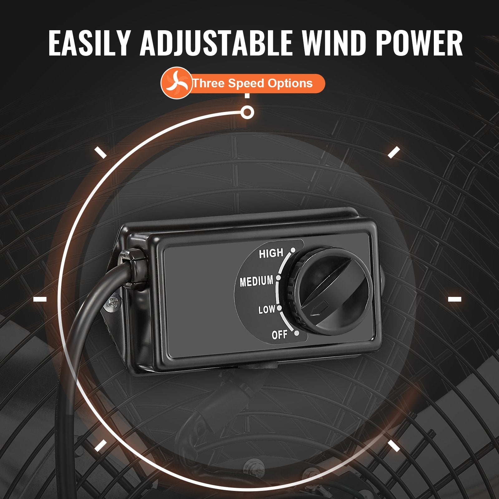 OzonAir Pro 8700 Industrial Fan 3-speed control switch for adjustable high-velocity airflow.