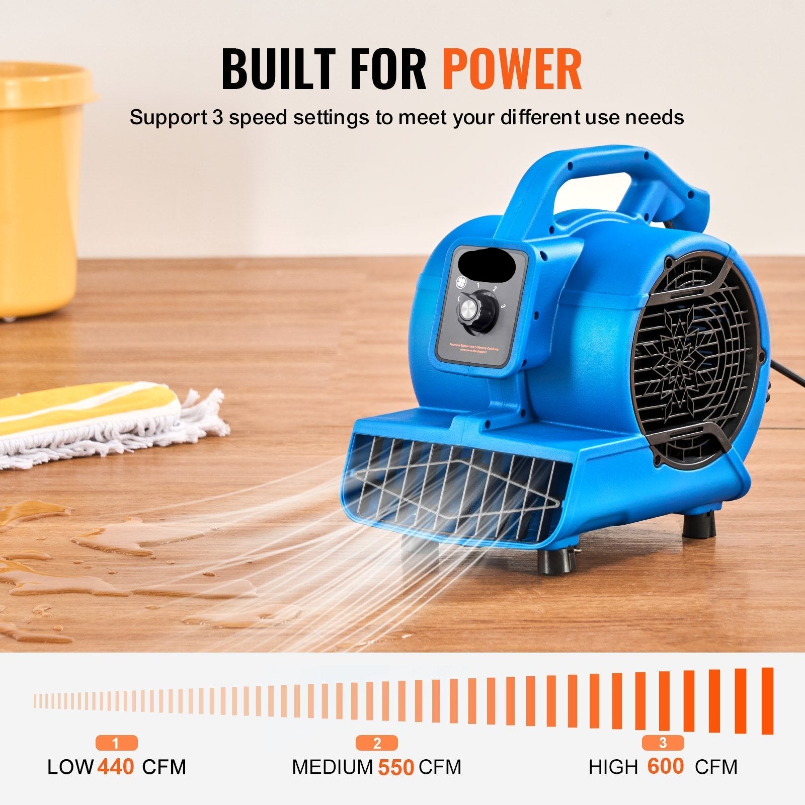 Heated air mover showing thermal safety cut-off and heat control switch for professional restoration.